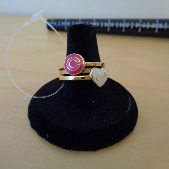 Coach Heart Signature C Band Stacked Rings 3-PC Set Gold Pink White Size… - Picture 4 of 5